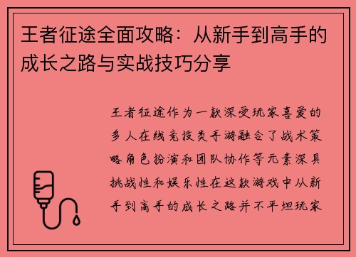 王者征途全面攻略：从新手到高手的成长之路与实战技巧分享